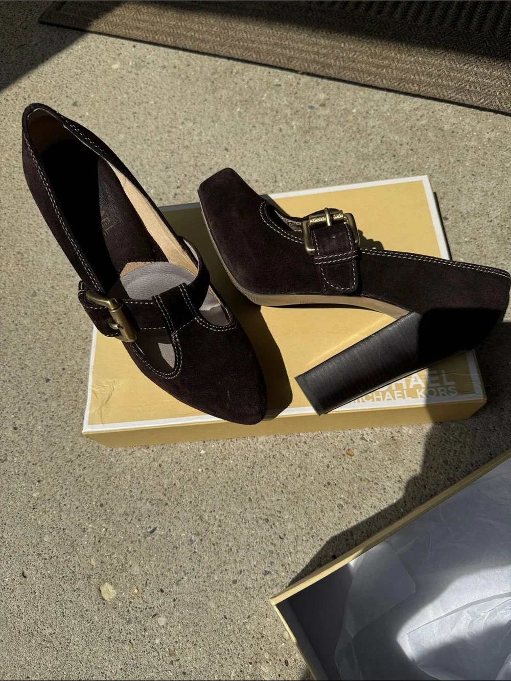 Michael Kors Dark Brown Suede Buckle Block Heel Mary Jane Pumps